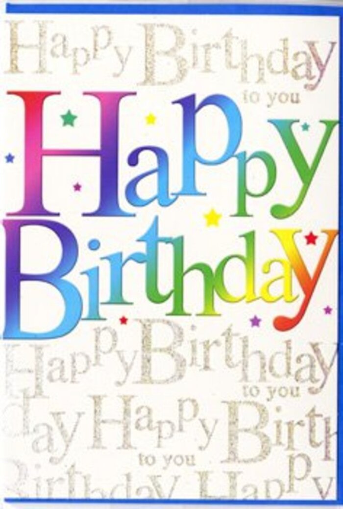 This birthday card calls to mind the colourful diversity of Paddington's streets, where every corner seems to offer a new splash of life. At its centre, the greeting Happy Birthday is set in bold, modern type, the tall letters stretching across the front with a sense of confident celebration. Each character is printed in a different, richly saturated colour: think of juicy berry reds, warm clementine, sunny yellow, leaf green, aqua, deep ocean blue, and soft lilac, arranged in a visually pleasing rainbow arc from left to right. The colours appear smooth and even, as though carefully layered by a designer aiming for a clean, contemporary look rather than anything overly ornate. Behind this radiant line of text lies a delicately patterned background of golden cursive script. The repeated phrase Happy Birthday to you is written in a fine, looping hand that weaves calmly across the card, almost like gentle ripples spreading out on the surface of the canal near Little Venice. The gold ink offers a subtle shimmer, catching imagined light in soft highlights rather than bold sparkle, so the background feels luxurious without drawing attention away from the main message. The contrast between the structured, colourful block letters and the flowing, metallic handwriting creates a pleasing tension-lively, but underpinned by elegance. The card's surface looks smooth and slightly glossy, suggesting a high-quality finish. Overall, the design gives the impression of a thoughtfully chosen birthday card, ideal to accompany fresh, hand-tied flowers delivered across Paddington-from quiet residential streets near Gloucester Terrace to bright apartments overlooking the station-bringing a sense of occasion and genuine happiness to the celebration.