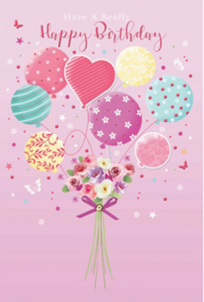 Dreamy birthday card artwork showing a floating cluster of pastel balloons tethered to a petite bouquet of fresh flowers, described with the care of a local Paddington florist. The entire scene is set against a velvety soft pink background, serene and inviting, reminiscent of the sky reflected in the canal near Little Venice at dusk. At the base, a compact, hand-tied bouquet anchors the design, composed of small roses and daisy-like or anemone-style blooms. Their petals are delicately shaded from pale cream to rosy blush and muted mauve, each one rendered with a velvety texture that suggests perfect freshness, as if they've just been conditioned in the back room at Paddington Flowers. A slim bow in shimmering purple wraps around the stems, the satin ribbon catching the light in gentle highlights. From this base, a group of pastel balloons lifts upward, their strings implied rather than heavily drawn, so the effect is one of effortless, weightless motion. Each balloon has its own decorative character: some are wrapped in soft, ribbon-like stripes; others sparkle with playful polka dots; some carry delicate floral or swirl patterns. A heart-shaped balloon sits close to the centre, glowing in tones of pink and lavender, radiating a sense of affection and birthday joy. Colours of sea green, sunlit yellow, and rose blend together in a pastel harmony, with subtle light reflections adding depth and shine. Around the composition, tiny star shapes and whimsical butterflies float, as if caught in a gentle breeze drifting over the nearby squares of Paddington. The whole image feels light, celebratory, and tender, like a thoughtfully chosen birthday greeting ready to be delivered with care across W2.