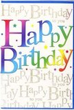 The birthday card shown has the kind of upbeat, polished charm that would suit a cheerful celebration in a Paddington café overlooking the canal. Front and centre, the phrase Happy Birthday is written in large, strong letters, each one individually coloured so that the words form a vibrant rainbow. The sequence flows from deep, almost velvety red through rosy pink, tangerine, and bright yellow, then into crisp lime, emerald, and teal, before cooling into sapphire blue and pale violet. The printing looks smooth and precise, with no rough edges, giving the colours a sleek, contemporary feel. Behind this main greeting, the background is filled with repeating lines of gold script that say Happy Birthday to you in a graceful, looping style. The cursive letters are slender and elegant, with the metallic ink catching the light in tiny glints that suggest a hint of glitter or foil. These golden lines run across the card like softly spoken wishes, layered behind the bold greeting without competing for attention. The overall impression is of depth and texture, even though the surface would feel flat and glossy to the touch. The card's light base colour allows both the rainbow text and the shimmering script to stand out clearly, creating a design that is festive yet tastefully restrained. It feels well-suited to birthdays of all ages, from a teenager's big day to a milestone celebration for someone special living near Hyde Park or along Westbourne Terrace, slipped lovingly into a bouquet or gift arrangement ordered from a trusted local florist in Paddington.