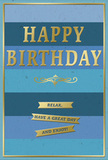 This thoughtfully designed birthday card combines soothing blues with refined gold, evoking the gentle rhythm of Paddington's canals on a calm day. The entire background is divided into wide, horizontal stripes, each a distinct shade of blue that blends into the next-from a deep, almost midnight navy at the top, stepping down through rich cobalt and ocean hues, across cool teal, and finally into paler, cloud-touched blues at the base. These layered tones create a sense of depth and quiet movement, like watching the sky change as you wander from Paddington Station towards Little Venice. In the centre of the card, the message HAPPY BIRTHDAY appears in embossed gold capital letters. The metallic finish shimmers subtly, catching the light with a warmth that feels celebratory yet still soothing. Each letter is raised, adding a tactile dimension that would be pleasant to trace, mirroring the care taken in the design. Just beneath this central greeting, a delicate golden flourish sweeps outwards in a symmetrical arc, reminiscent of traditional penwork or decorative ironwork often seen around historic Paddington facades. Below the flourish, three narrow, horizontal gold banners are arranged in a neat vertical stack. Their edges are crisp and slightly lifted from the background, each ribbon carrying part of the warm invitation: Relax, have a great day and enjoy! These words nestle comfortably against the blue backdrop, supported by the harmonious gold tones above. A slender gold border outlines the entire card, giving it a polished, framed appearance. Imagined at home, this card might stand on a sideboard beside a vase of birthday flowers delivered locally in Paddington, its blue and gold details glowing gently in the soft indoor light and inviting the recipient to slow down and savour their special day.